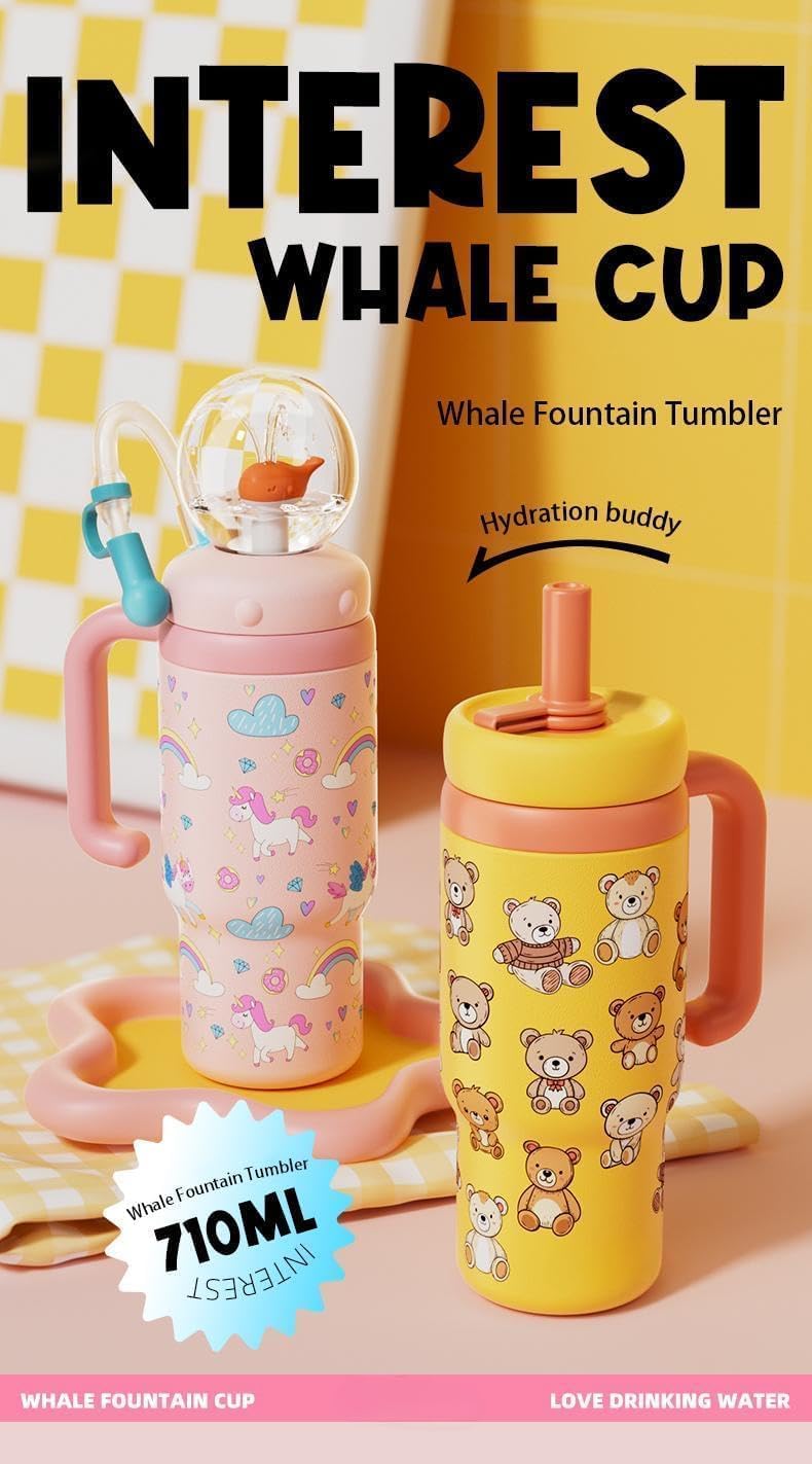 Stainless Steel Whale Fountain Tumbler with Handle, Drinking Cup with Whale Squirt, 24oz Whale Water Bottle Two Silicone Soft Tip, Leak-Proof Whale Fountain Tumbler for Kids Teens Adults (B-Green)