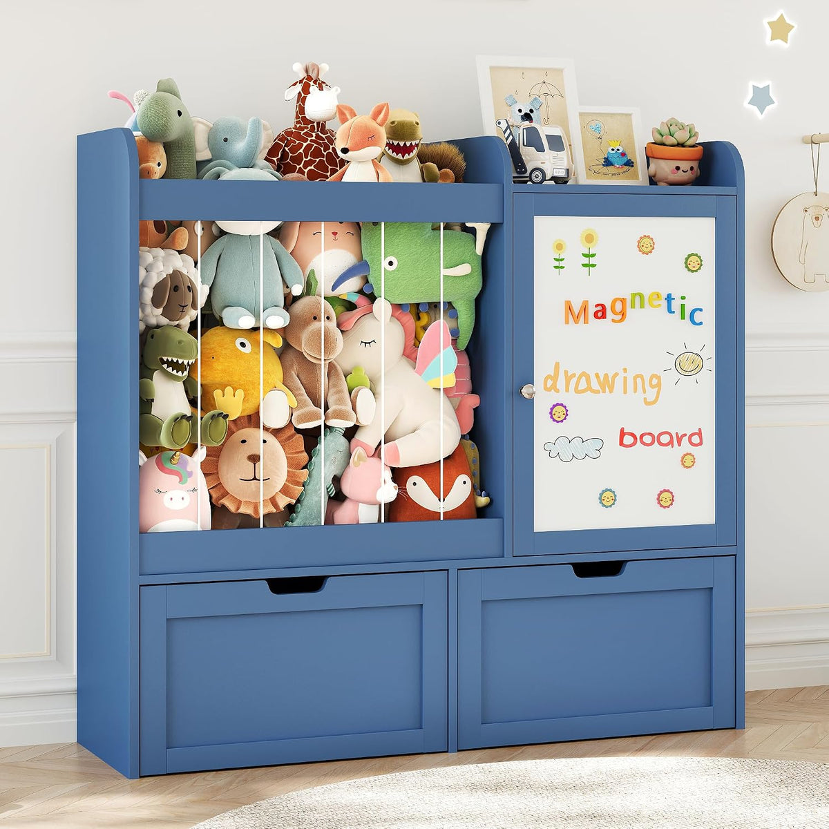 40" Toy Organizers and Storage, Stuffed Animal Holder with Magnetic Drawing Board, Wooden Toy Organizer with 2 Movable Drawers, Kids Room Toy Organization for Playroom Bedroom Nursery (Green)