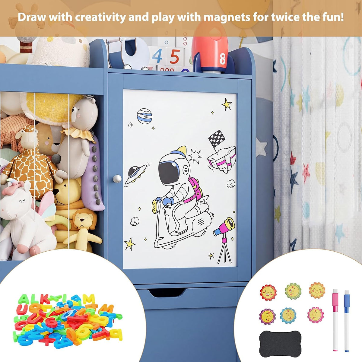 40" Toy Organizers and Storage, Stuffed Animal Holder with Magnetic Drawing Board, Wooden Toy Organizer with 2 Movable Drawers, Kids Room Toy Organization for Playroom Bedroom Nursery (Green)