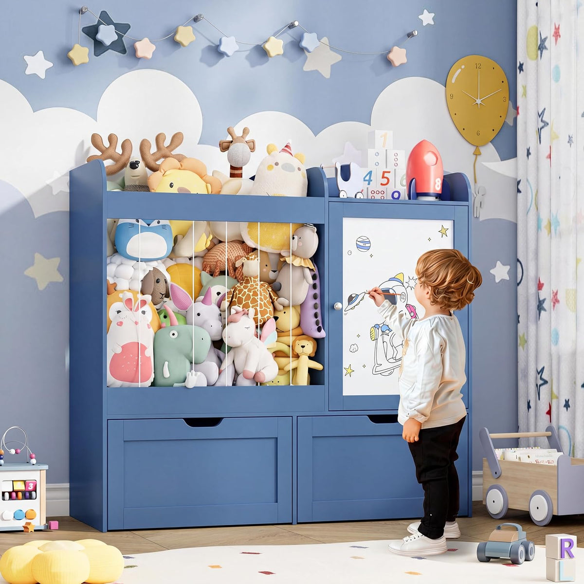 40" Toy Organizers and Storage, Stuffed Animal Holder with Magnetic Drawing Board, Wooden Toy Organizer with 2 Movable Drawers, Kids Room Toy Organization for Playroom Bedroom Nursery (Green)