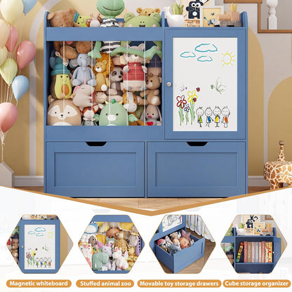 40" Toy Organizers and Storage, Stuffed Animal Holder with Magnetic Drawing Board, Wooden Toy Organizer with 2 Movable Drawers, Kids Room Toy Organization for Playroom Bedroom Nursery (Green)