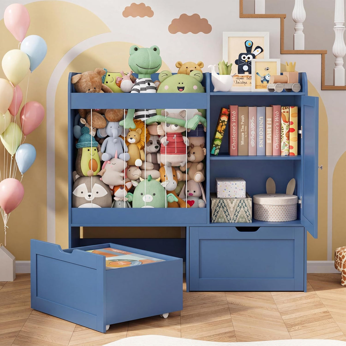 40" Toy Organizers and Storage, Stuffed Animal Holder with Magnetic Drawing Board, Wooden Toy Organizer with 2 Movable Drawers, Kids Room Toy Organization for Playroom Bedroom Nursery (Green)