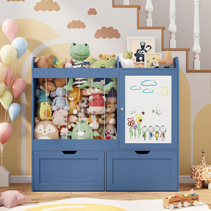40" Toy Organizers and Storage, Stuffed Animal Holder with Magnetic Drawing Board, Wooden Toy Organizer with 2 Movable Drawers, Kids Room Toy Organization for Playroom Bedroom Nursery (Green)