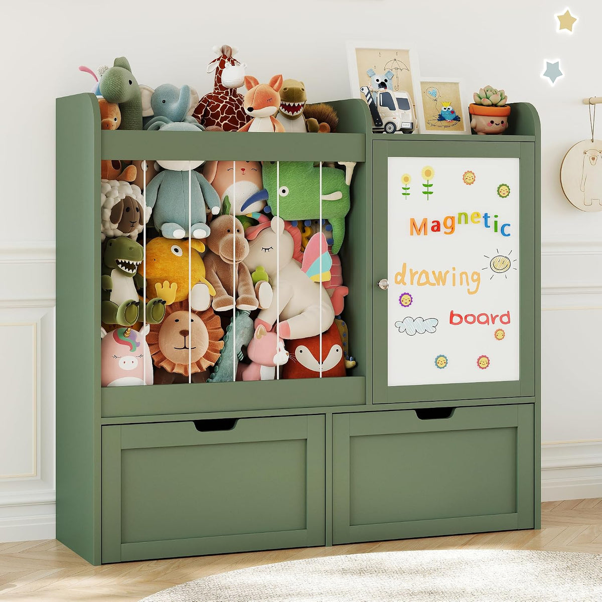 40" Toy Organizers and Storage, Stuffed Animal Holder with Magnetic Drawing Board, Wooden Toy Organizer with 2 Movable Drawers, Kids Room Toy Organization for Playroom Bedroom Nursery (Green)