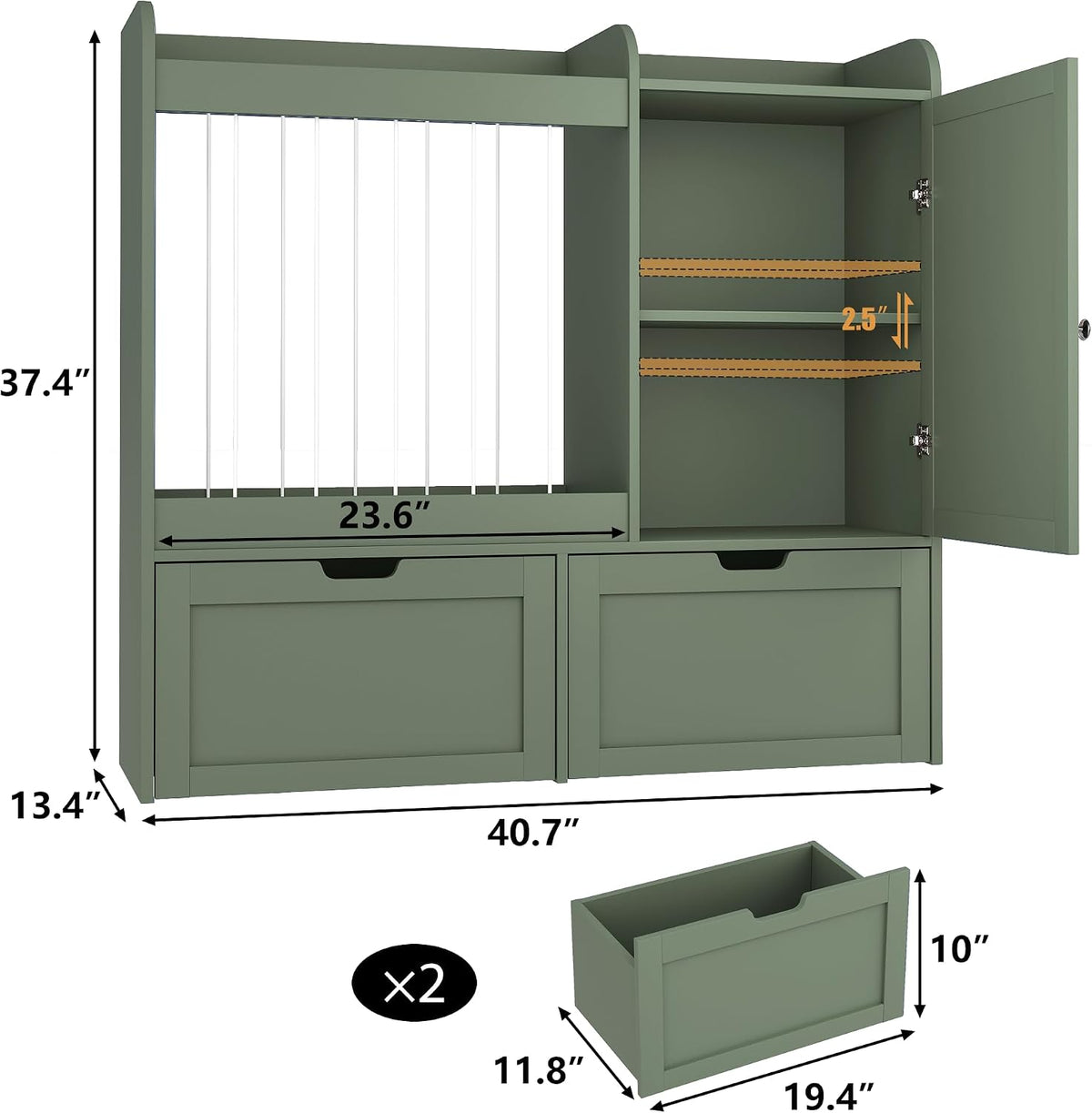 40" Toy Organizers and Storage, Stuffed Animal Holder with Magnetic Drawing Board, Wooden Toy Organizer with 2 Movable Drawers, Kids Room Toy Organization for Playroom Bedroom Nursery (Green)