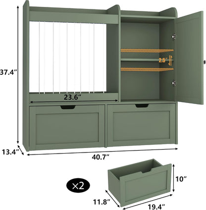 40" Toy Organizers and Storage, Stuffed Animal Holder with Magnetic Drawing Board, Wooden Toy Organizer with 2 Movable Drawers, Kids Room Toy Organization for Playroom Bedroom Nursery (Green)