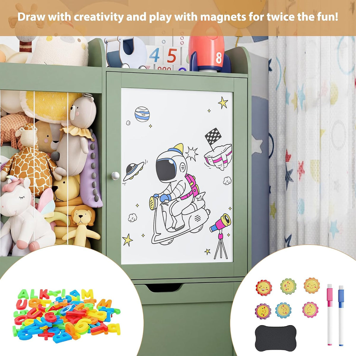 40" Toy Organizers and Storage, Stuffed Animal Holder with Magnetic Drawing Board, Wooden Toy Organizer with 2 Movable Drawers, Kids Room Toy Organization for Playroom Bedroom Nursery (Green)