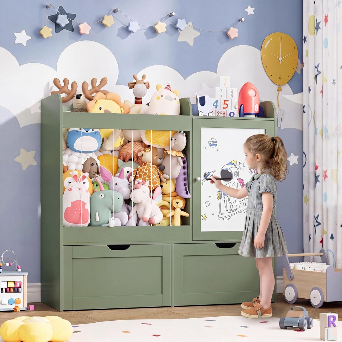 40" Toy Organizers and Storage, Stuffed Animal Holder with Magnetic Drawing Board, Wooden Toy Organizer with 2 Movable Drawers, Kids Room Toy Organization for Playroom Bedroom Nursery (Green)
