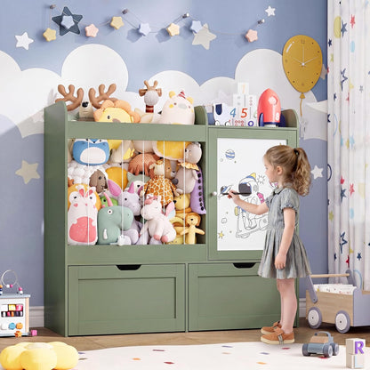 40" Toy Organizers and Storage, Stuffed Animal Holder with Magnetic Drawing Board, Wooden Toy Organizer with 2 Movable Drawers, Kids Room Toy Organization for Playroom Bedroom Nursery (Green)
