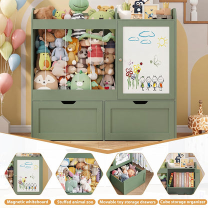 40" Toy Organizers and Storage, Stuffed Animal Holder with Magnetic Drawing Board, Wooden Toy Organizer with 2 Movable Drawers, Kids Room Toy Organization for Playroom Bedroom Nursery (Green)