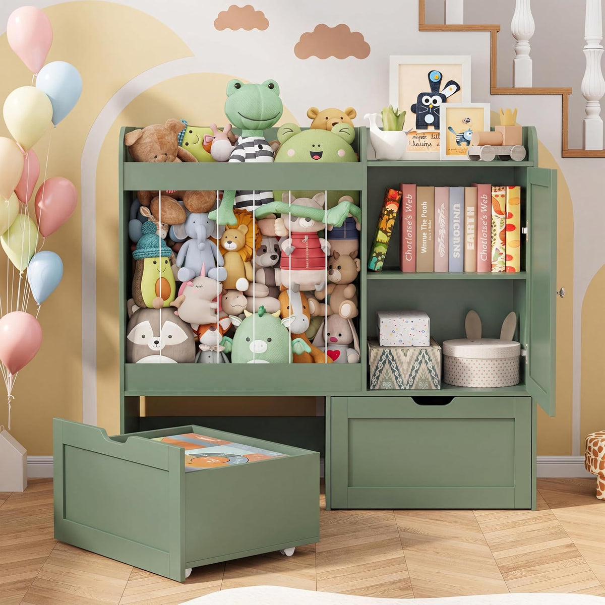40" Toy Organizers and Storage, Stuffed Animal Holder with Magnetic Drawing Board, Wooden Toy Organizer with 2 Movable Drawers, Kids Room Toy Organization for Playroom Bedroom Nursery (Green)