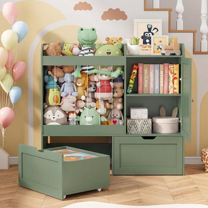 40" Toy Organizers and Storage, Stuffed Animal Holder with Magnetic Drawing Board, Wooden Toy Organizer with 2 Movable Drawers, Kids Room Toy Organization for Playroom Bedroom Nursery (Green)