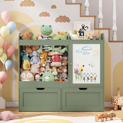 40" Toy Organizers and Storage, Stuffed Animal Holder with Magnetic Drawing Board, Wooden Toy Organizer with 2 Movable Drawers, Kids Room Toy Organization for Playroom Bedroom Nursery (Green)