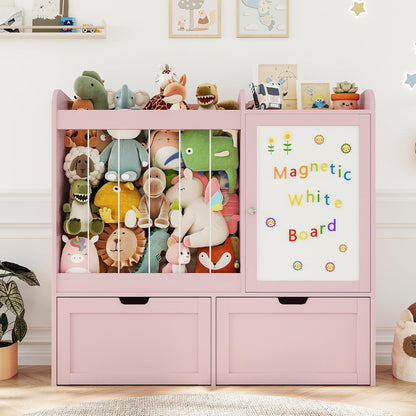 40" Toy Organizers and Storage, Stuffed Animal Holder with Magnetic Drawing Board, Wooden Toy Organizer with 2 Movable Drawers, Kids Room Toy Organization for Playroom Bedroom Nursery (Green)
