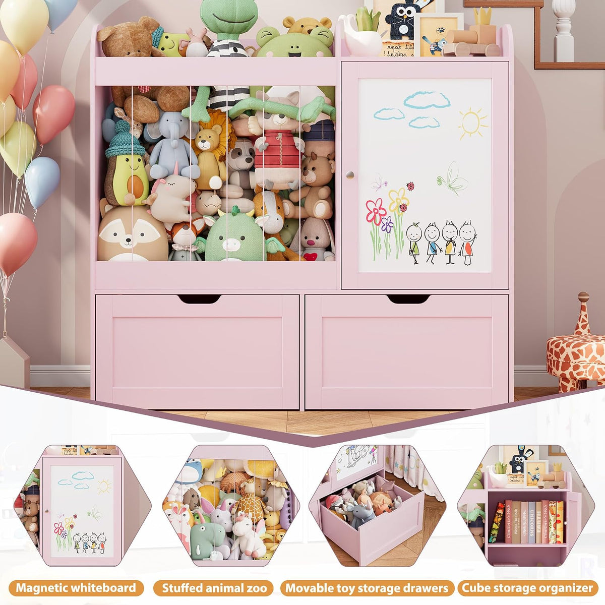 40" Toy Organizers and Storage, Stuffed Animal Holder with Magnetic Drawing Board, Wooden Toy Organizer with 2 Movable Drawers, Kids Room Toy Organization for Playroom Bedroom Nursery (Green)