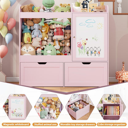 40" Toy Organizers and Storage, Stuffed Animal Holder with Magnetic Drawing Board, Wooden Toy Organizer with 2 Movable Drawers, Kids Room Toy Organization for Playroom Bedroom Nursery (Green)