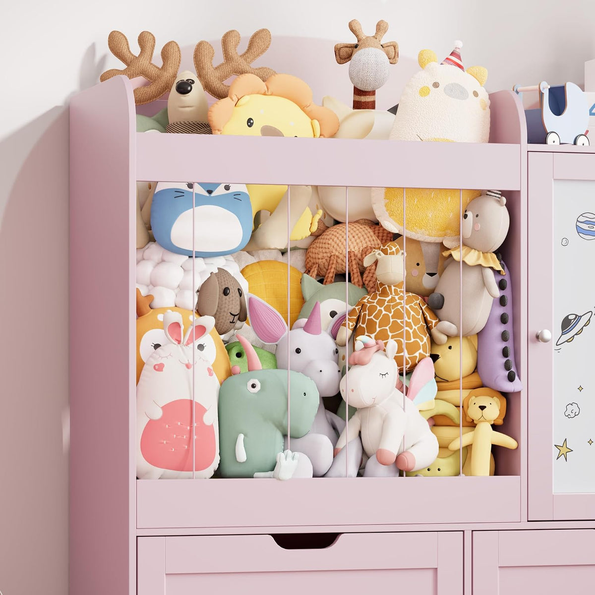 40" Toy Organizers and Storage, Stuffed Animal Holder with Magnetic Drawing Board, Wooden Toy Organizer with 2 Movable Drawers, Kids Room Toy Organization for Playroom Bedroom Nursery (Green)