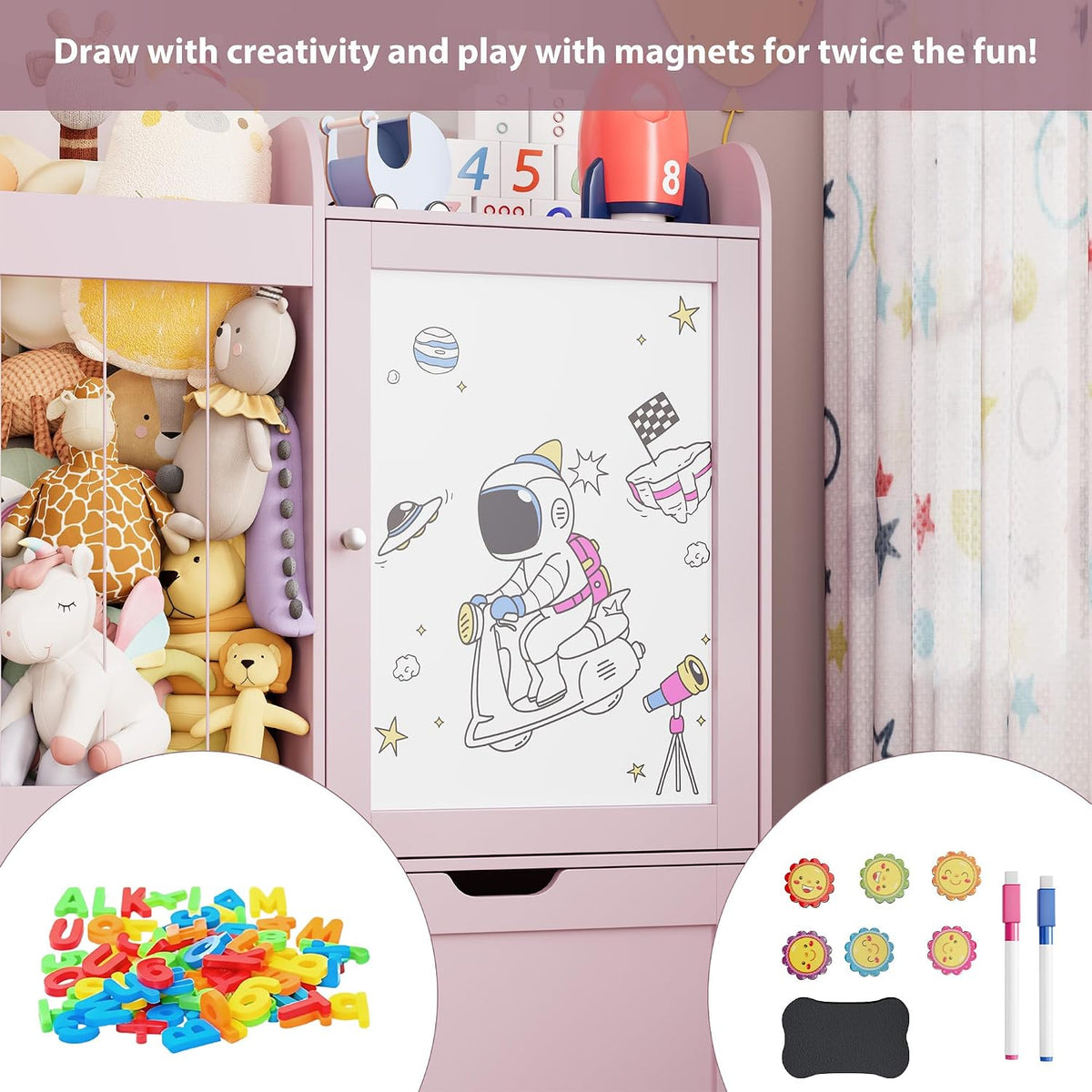 40" Toy Organizers and Storage, Stuffed Animal Holder with Magnetic Drawing Board, Wooden Toy Organizer with 2 Movable Drawers, Kids Room Toy Organization for Playroom Bedroom Nursery (Green)