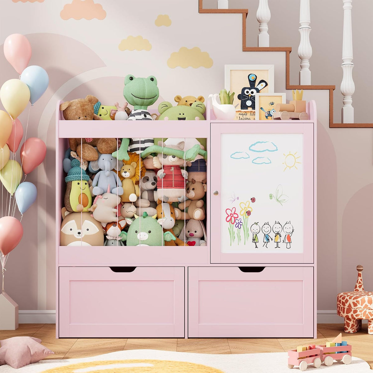 40" Toy Organizers and Storage, Stuffed Animal Holder with Magnetic Drawing Board, Wooden Toy Organizer with 2 Movable Drawers, Kids Room Toy Organization for Playroom Bedroom Nursery (Green)
