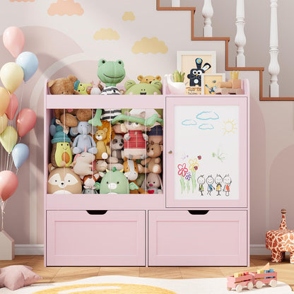 40" Toy Organizers and Storage, Stuffed Animal Holder with Magnetic Drawing Board, Wooden Toy Organizer with 2 Movable Drawers, Kids Room Toy Organization for Playroom Bedroom Nursery (Green)