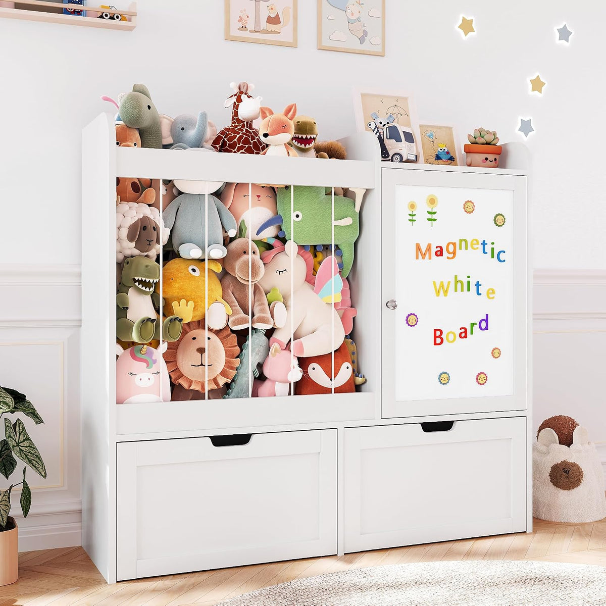 40" Toy Organizers and Storage, Stuffed Animal Holder with Magnetic Drawing Board, Wooden Toy Organizer with 2 Movable Drawers, Kids Room Toy Organization for Playroom Bedroom Nursery (Green)