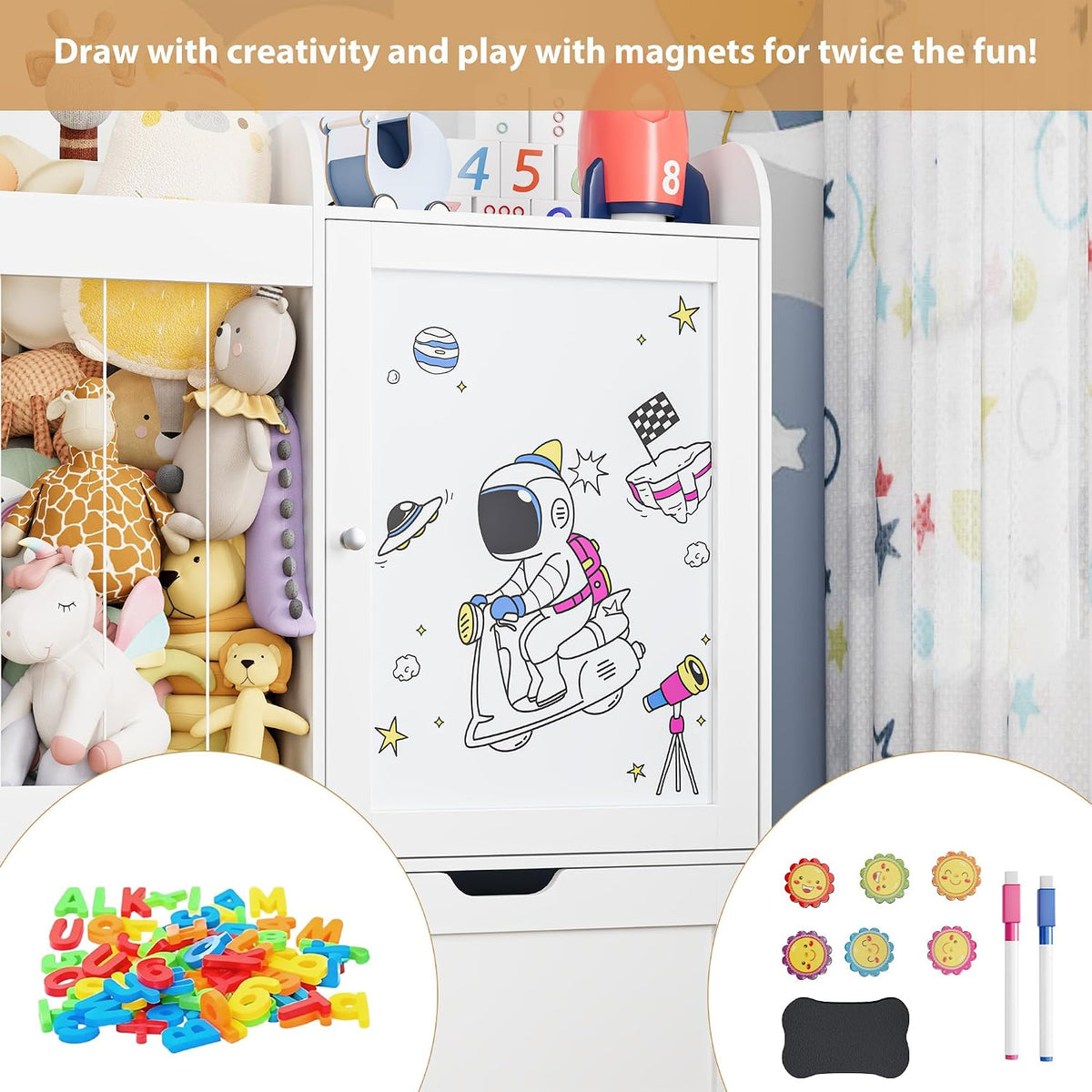 40" Toy Organizers and Storage, Stuffed Animal Holder with Magnetic Drawing Board, Wooden Toy Organizer with 2 Movable Drawers, Kids Room Toy Organization for Playroom Bedroom Nursery (Green)