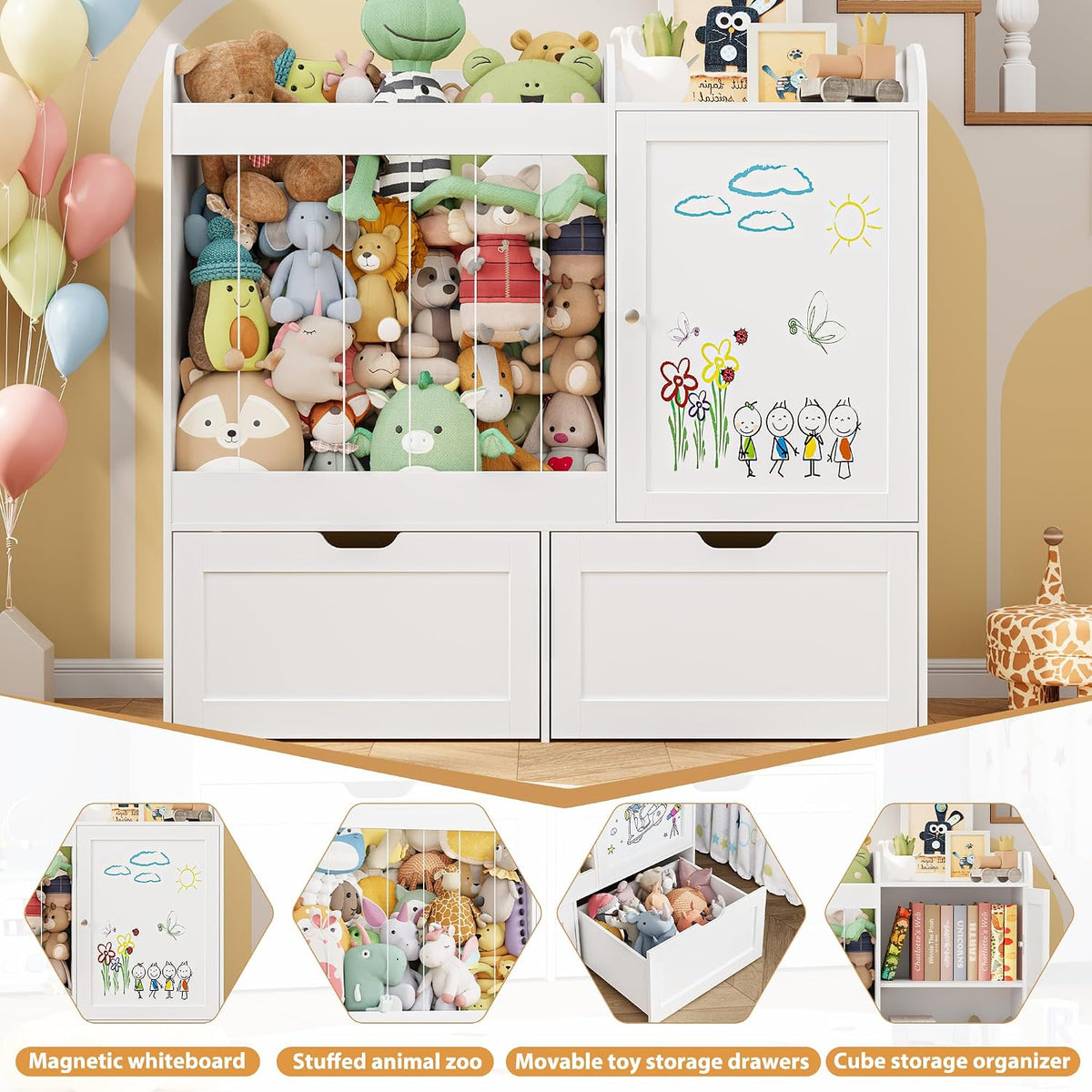 40" Toy Organizers and Storage, Stuffed Animal Holder with Magnetic Drawing Board, Wooden Toy Organizer with 2 Movable Drawers, Kids Room Toy Organization for Playroom Bedroom Nursery (Green)