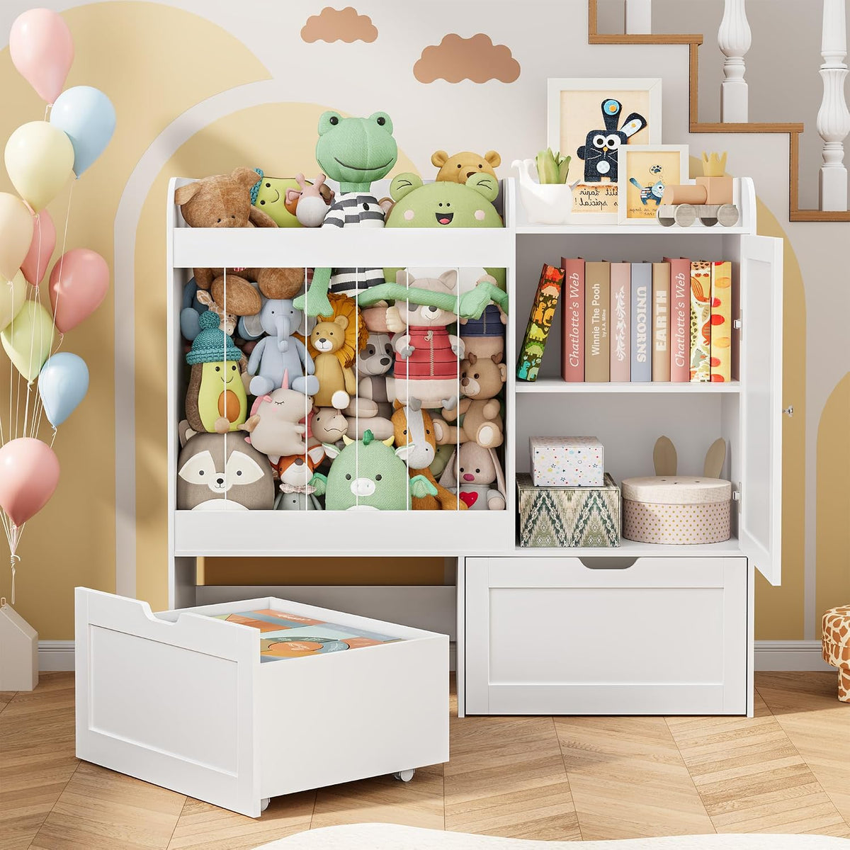 40" Toy Organizers and Storage, Stuffed Animal Holder with Magnetic Drawing Board, Wooden Toy Organizer with 2 Movable Drawers, Kids Room Toy Organization for Playroom Bedroom Nursery (Green)