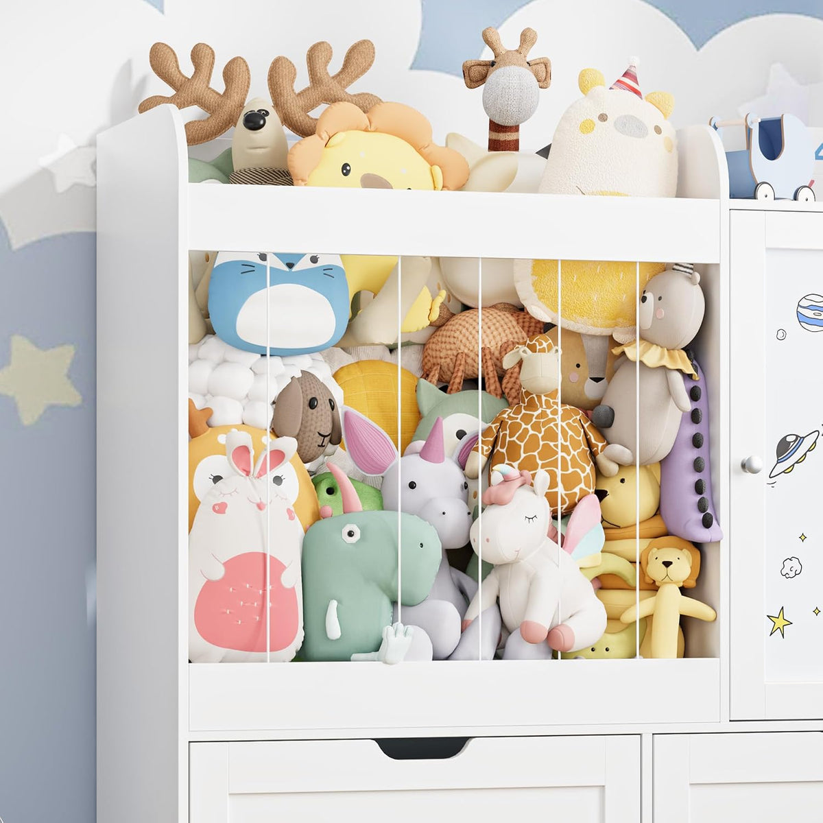 40" Toy Organizers and Storage, Stuffed Animal Holder with Magnetic Drawing Board, Wooden Toy Organizer with 2 Movable Drawers, Kids Room Toy Organization for Playroom Bedroom Nursery (Green)