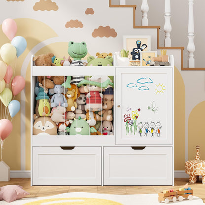 40" Toy Organizers and Storage, Stuffed Animal Holder with Magnetic Drawing Board, Wooden Toy Organizer with 2 Movable Drawers, Kids Room Toy Organization for Playroom Bedroom Nursery (Green)