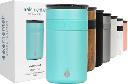 Artisan Insulated Tumbler, Triple Wall Coffee Travel Mug, Reusable Stainless Steel Coffee Tumbler with Ceramic Lid, Thermal Coffee Cups for Hot (6 Hrs) & Cold (18 Hrs), 12oz - Teak Wood