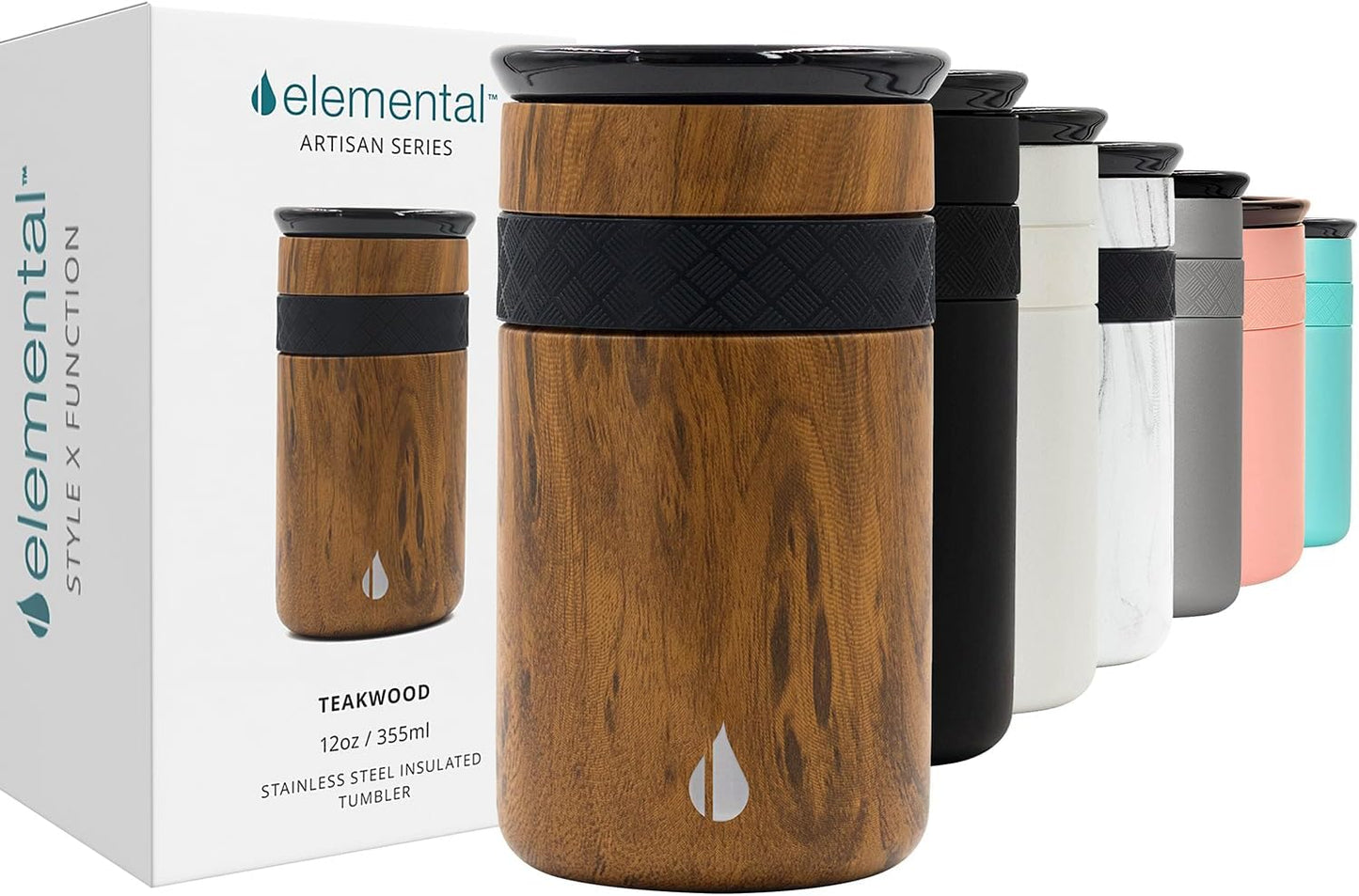 Artisan Insulated Tumbler, Triple Wall Coffee Travel Mug, Reusable Stainless Steel Coffee Tumbler with Ceramic Lid, Thermal Coffee Cups for Hot (6 Hrs) & Cold (18 Hrs), 12oz - Teak Wood
