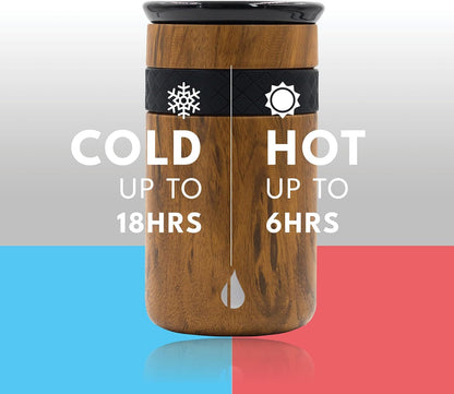 Artisan Insulated Tumbler, Triple Wall Coffee Travel Mug, Reusable Stainless Steel Coffee Tumbler with Ceramic Lid, Thermal Coffee Cups for Hot (6 Hrs) & Cold (18 Hrs), 12oz - Teak Wood