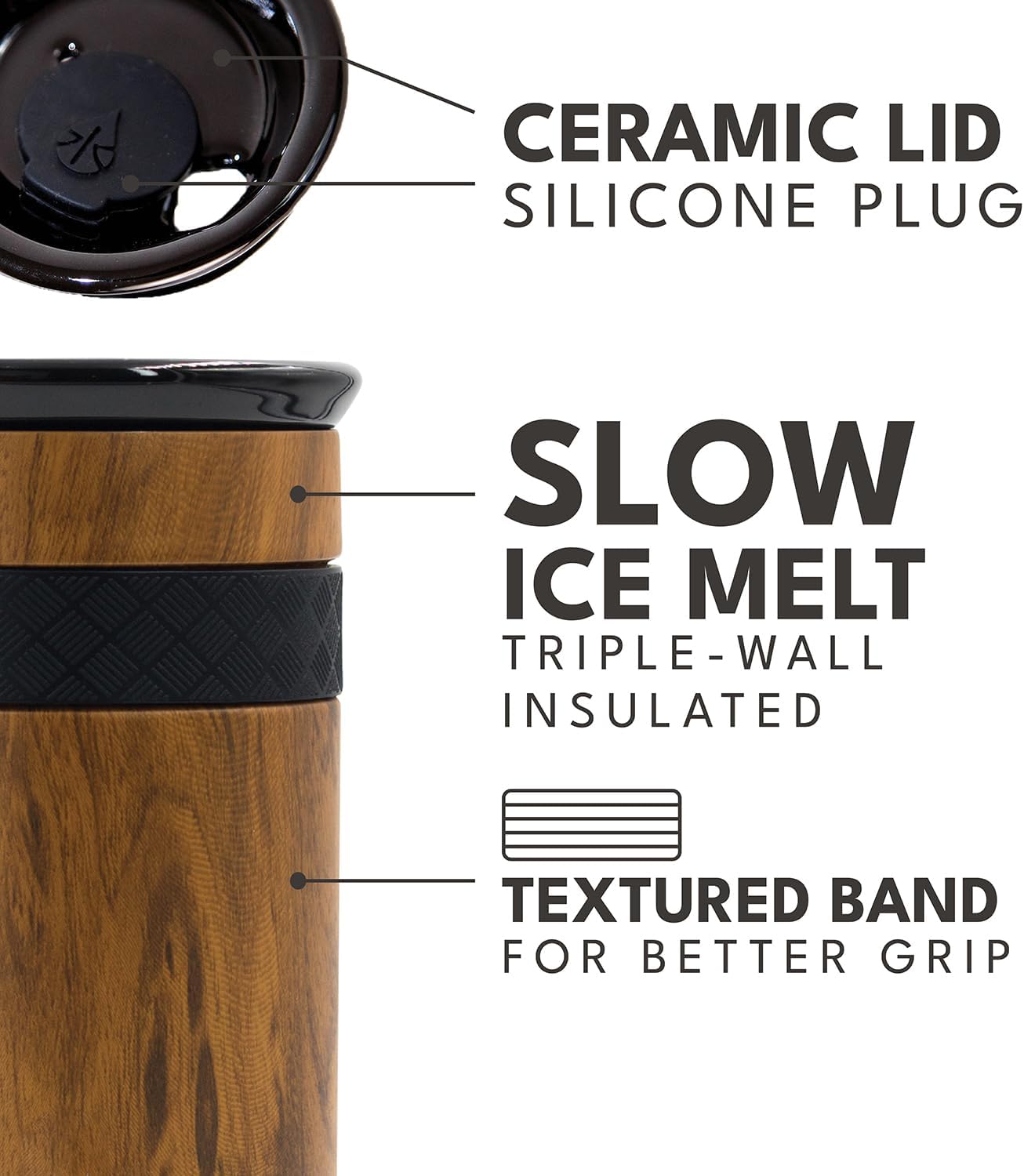 Artisan Insulated Tumbler, Triple Wall Coffee Travel Mug, Reusable Stainless Steel Coffee Tumbler with Ceramic Lid, Thermal Coffee Cups for Hot (6 Hrs) & Cold (18 Hrs), 12oz - Teak Wood
