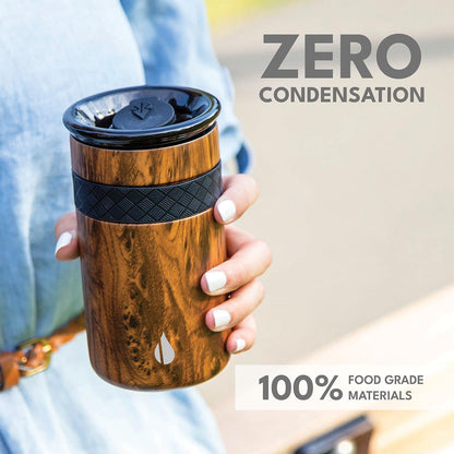 Artisan Insulated Tumbler, Triple Wall Coffee Travel Mug, Reusable Stainless Steel Coffee Tumbler with Ceramic Lid, Thermal Coffee Cups for Hot (6 Hrs) & Cold (18 Hrs), 12oz - Teak Wood