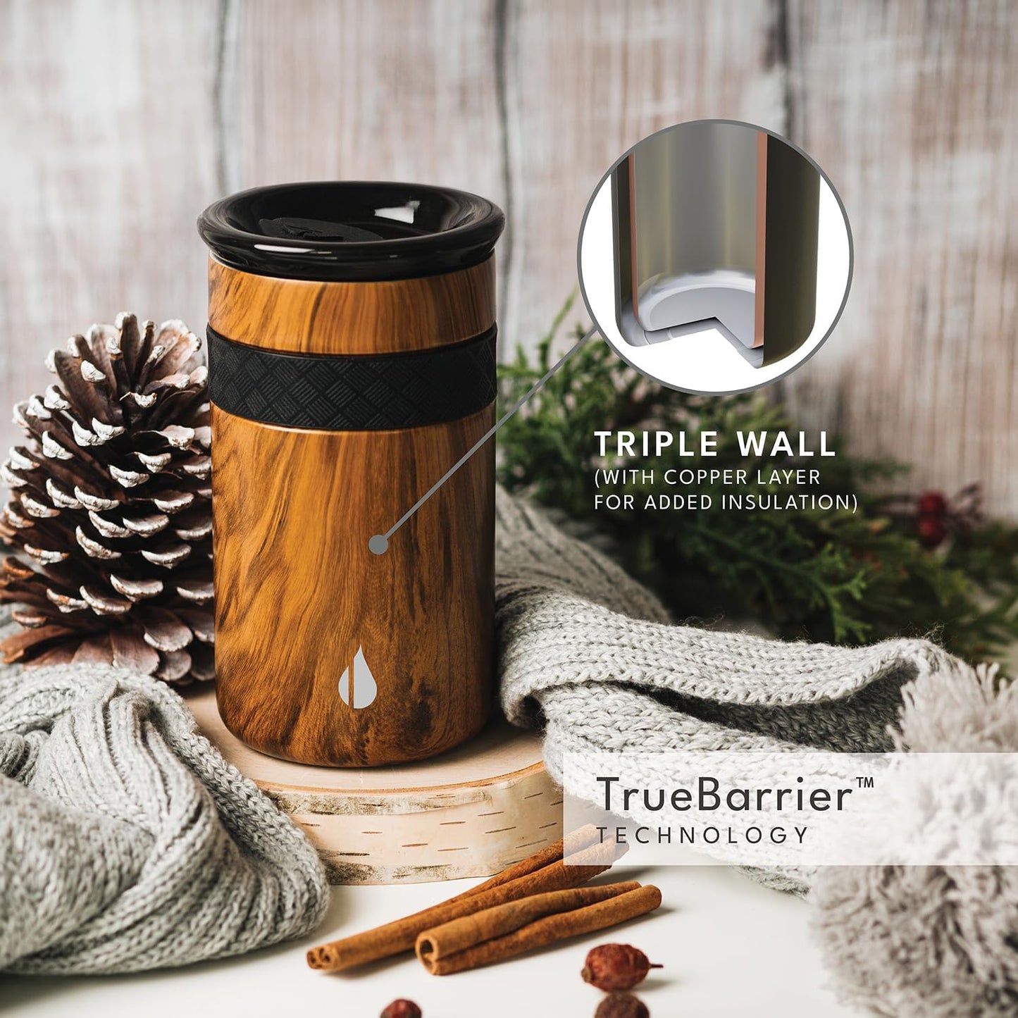 Artisan Insulated Tumbler, Triple Wall Coffee Travel Mug, Reusable Stainless Steel Coffee Tumbler with Ceramic Lid, Thermal Coffee Cups for Hot (6 Hrs) & Cold (18 Hrs), 12oz - Teak Wood