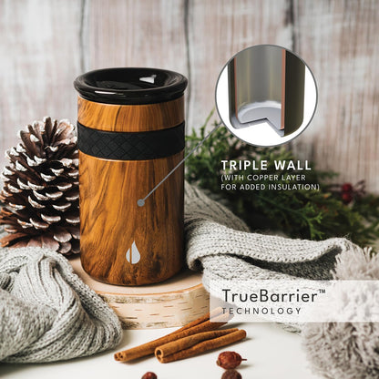 Artisan Insulated Tumbler, Triple Wall Coffee Travel Mug, Reusable Stainless Steel Coffee Tumbler with Ceramic Lid, Thermal Coffee Cups for Hot (6 Hrs) & Cold (18 Hrs), 12oz - Teak Wood