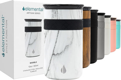 Artisan Insulated Tumbler, Triple Wall Coffee Travel Mug, Reusable Stainless Steel Coffee Tumbler with Ceramic Lid, Thermal Coffee Cups for Hot (6 Hrs) & Cold (18 Hrs), 12oz - Teak Wood