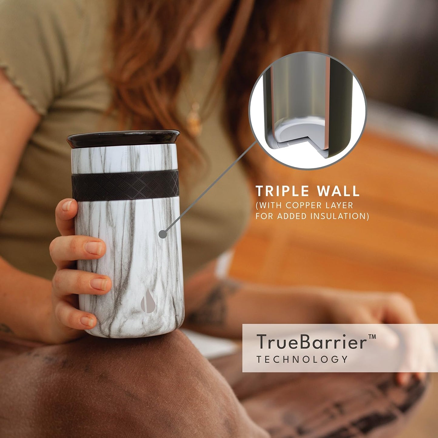 Artisan Insulated Tumbler, Triple Wall Coffee Travel Mug, Reusable Stainless Steel Coffee Tumbler with Ceramic Lid, Thermal Coffee Cups for Hot (6 Hrs) & Cold (18 Hrs), 12oz - Teak Wood