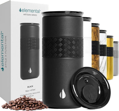 Artisan Insulated Tumbler, Triple Wall Coffee Travel Mug, Reusable Stainless Steel Coffee Tumbler with Ceramic Lid, Thermal Coffee Cups for Hot (6 Hrs) & Cold (18 Hrs), 12oz - Teak Wood