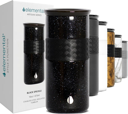 Artisan Insulated Tumbler, Triple Wall Coffee Travel Mug, Reusable Stainless Steel Coffee Tumbler with Ceramic Lid, Thermal Coffee Cups for Hot (6 Hrs) & Cold (18 Hrs), 12oz - Teak Wood