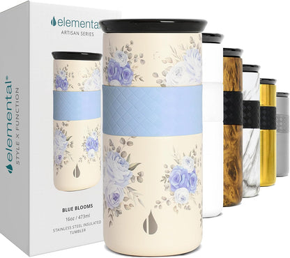 Artisan Insulated Tumbler, Triple Wall Coffee Travel Mug, Reusable Stainless Steel Coffee Tumbler with Ceramic Lid, Thermal Coffee Cups for Hot (6 Hrs) & Cold (18 Hrs), 12oz - Teak Wood