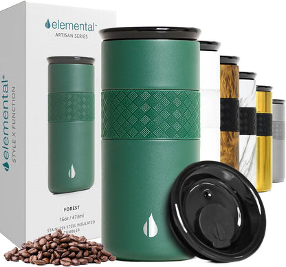 Artisan Insulated Tumbler, Triple Wall Coffee Travel Mug, Reusable Stainless Steel Coffee Tumbler with Ceramic Lid, Thermal Coffee Cups for Hot (6 Hrs) & Cold (18 Hrs), 12oz - Teak Wood