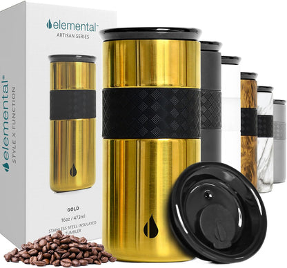 Artisan Insulated Tumbler, Triple Wall Coffee Travel Mug, Reusable Stainless Steel Coffee Tumbler with Ceramic Lid, Thermal Coffee Cups for Hot (6 Hrs) & Cold (18 Hrs), 12oz - Teak Wood