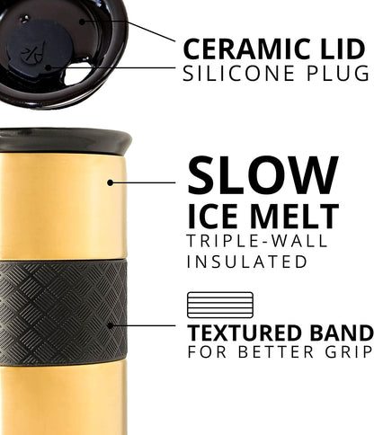Artisan Insulated Tumbler, Triple Wall Coffee Travel Mug, Reusable Stainless Steel Coffee Tumbler with Ceramic Lid, Thermal Coffee Cups for Hot (6 Hrs) & Cold (18 Hrs), 12oz - Teak Wood