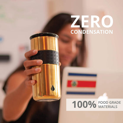 Artisan Insulated Tumbler, Triple Wall Coffee Travel Mug, Reusable Stainless Steel Coffee Tumbler with Ceramic Lid, Thermal Coffee Cups for Hot (6 Hrs) & Cold (18 Hrs), 12oz - Teak Wood