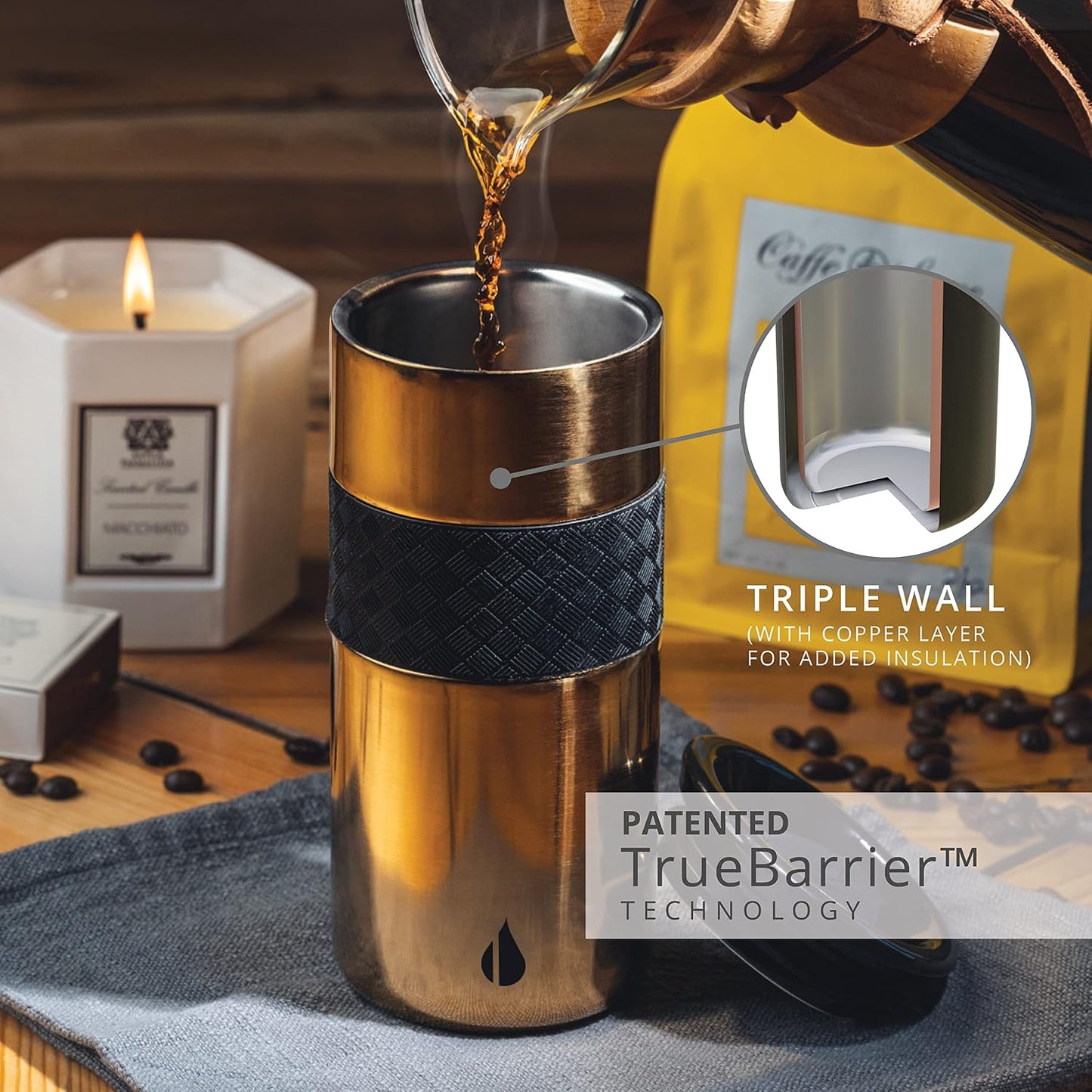 Artisan Insulated Tumbler, Triple Wall Coffee Travel Mug, Reusable Stainless Steel Coffee Tumbler with Ceramic Lid, Thermal Coffee Cups for Hot (6 Hrs) & Cold (18 Hrs), 12oz - Teak Wood