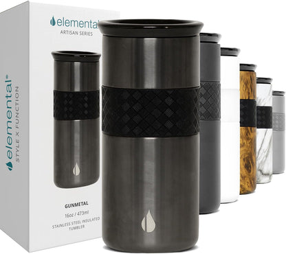 Artisan Insulated Tumbler, Triple Wall Coffee Travel Mug, Reusable Stainless Steel Coffee Tumbler with Ceramic Lid, Thermal Coffee Cups for Hot (6 Hrs) & Cold (18 Hrs), 12oz - Teak Wood