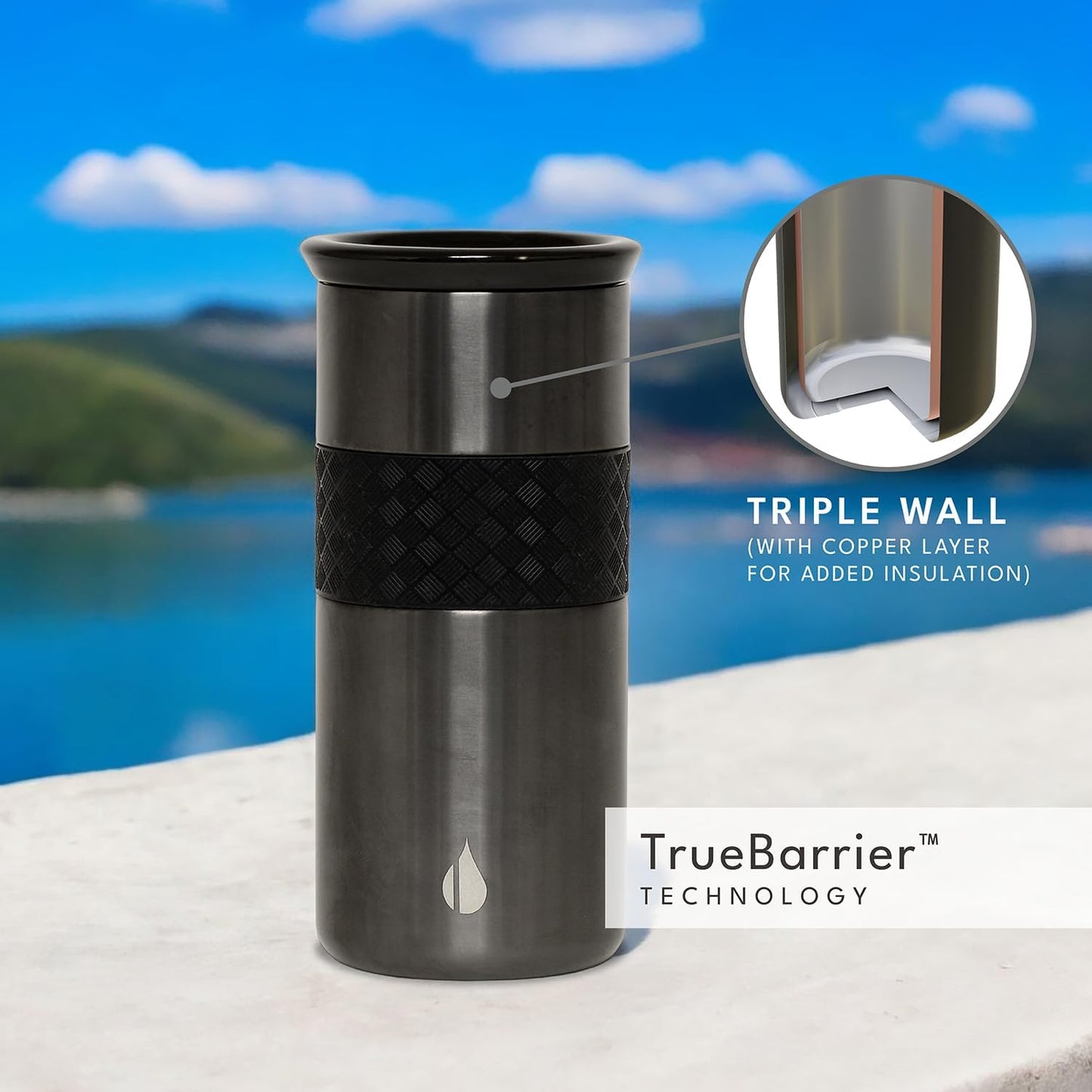 Artisan Insulated Tumbler, Triple Wall Coffee Travel Mug, Reusable Stainless Steel Coffee Tumbler with Ceramic Lid, Thermal Coffee Cups for Hot (6 Hrs) & Cold (18 Hrs), 12oz - Teak Wood
