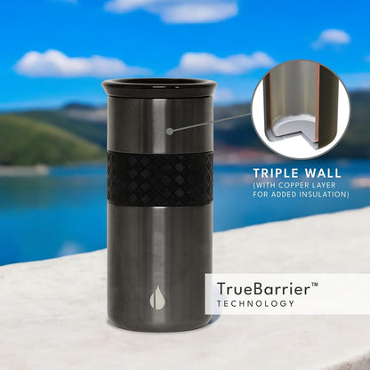 Artisan Insulated Tumbler, Triple Wall Coffee Travel Mug, Reusable Stainless Steel Coffee Tumbler with Ceramic Lid, Thermal Coffee Cups for Hot (6 Hrs) & Cold (18 Hrs), 12oz - Teak Wood